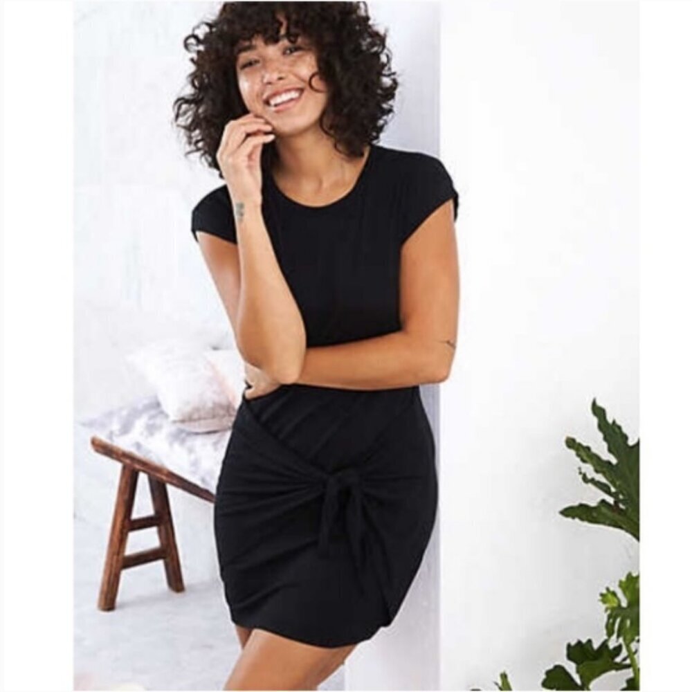 AERIE Black Tie Waist Dress Stretch Jersey M Short Sleeve Cap Sleeve Medium